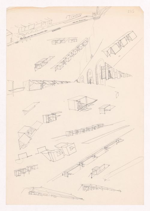 Market stall sketch perspectives and details for Mercado da Ribeira, Porto, Portugal