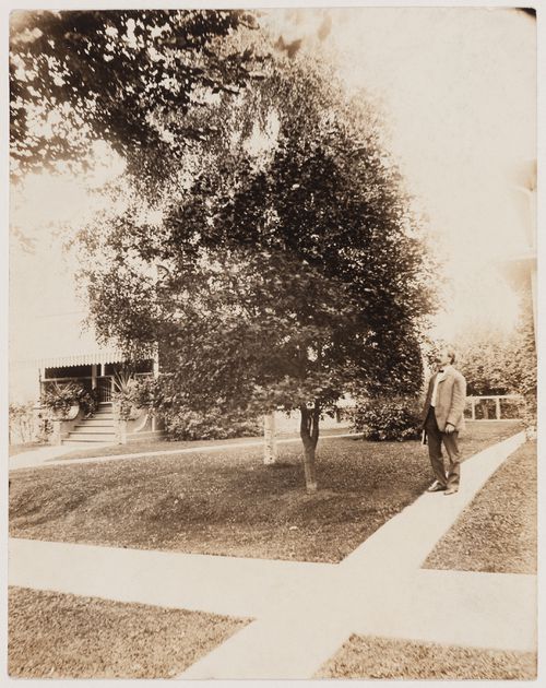 Portrait of Darwin D. Martin [?] standing on a garden path, Buffalo, New York