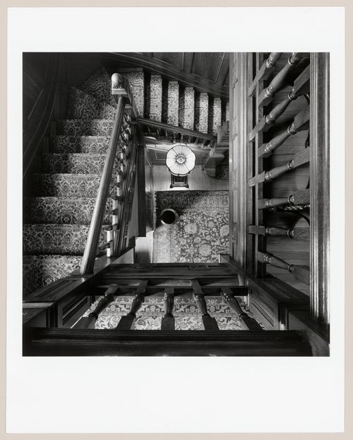 Interior view of the stairwell of the main stairs from the first floor landing, Slessor House, 1538 avenue Dr. Penfield, Montréal, Québec