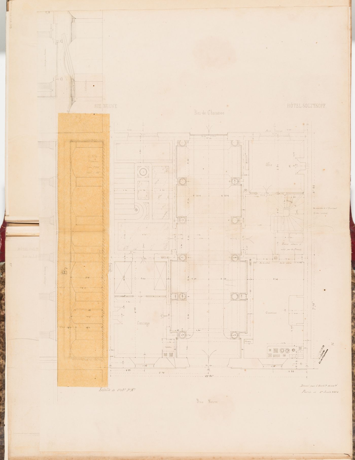 Section for the "caves" and ground floor plan for Hôtel Soltykoff