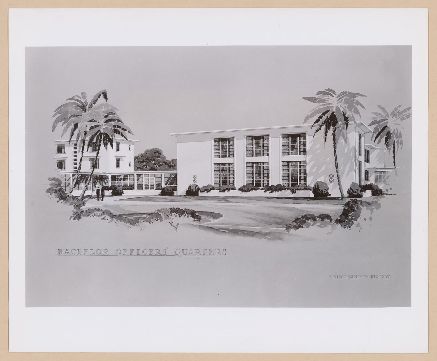 Photograph of a perspective drawing for or of the Bachelor Officers' Quarters, United States Naval Air Base, San Juan, Puerto Rico