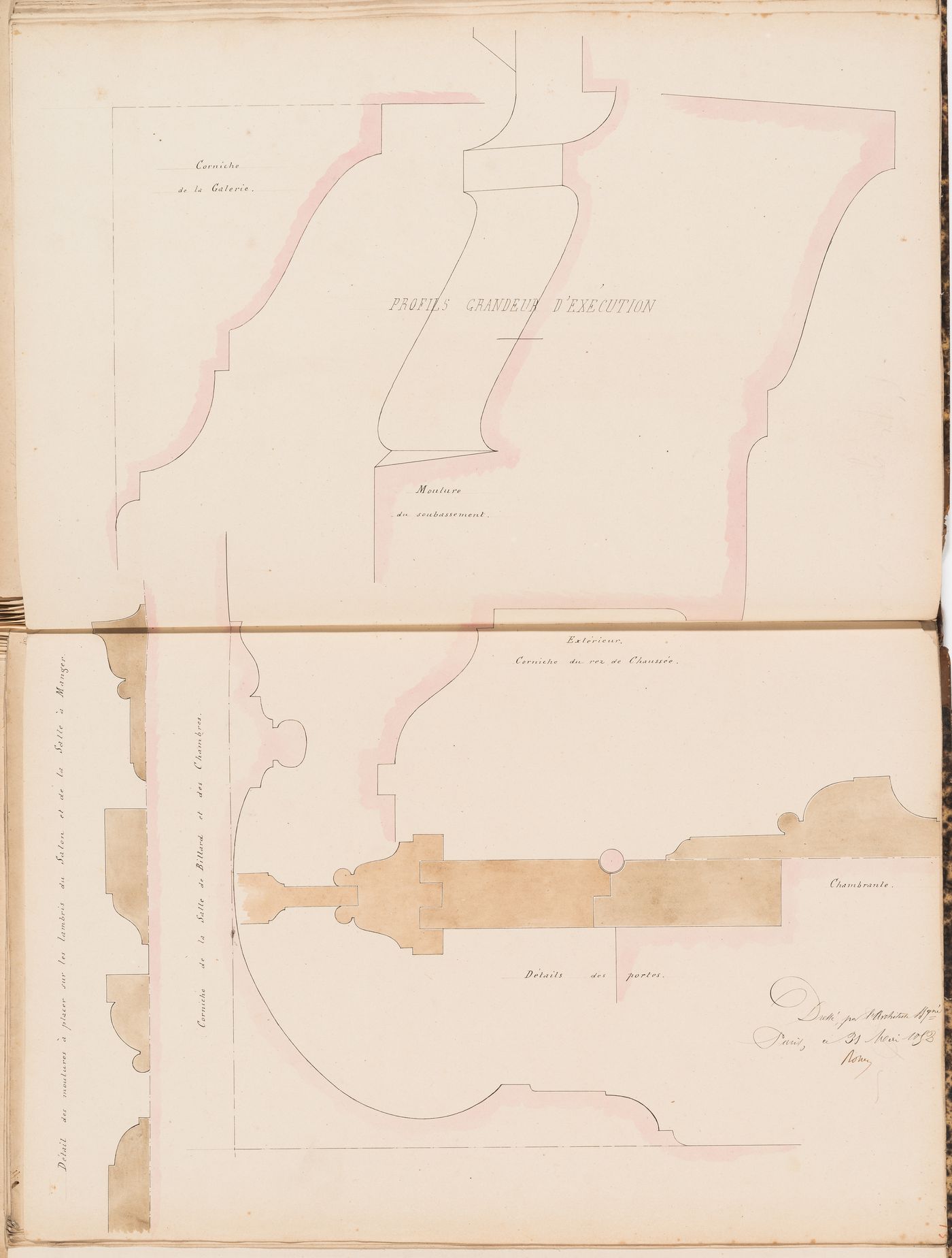 Full-scale profiles for cornices, mouldings, and joinery details for the doors for a country house for Madame de Lescure, Royan