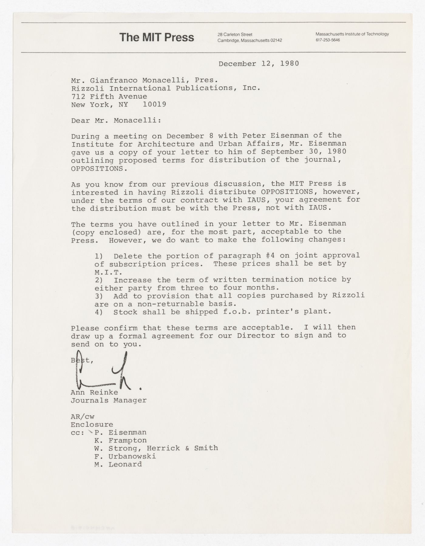 Letter from Ann Reinke to Gianfranco Monacelli about distribution of Oppositions Journal by Rizzoli