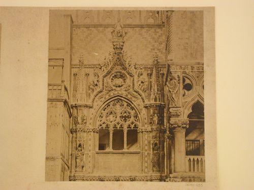 Close-up view of the upper portion of the Porta della Carta, Palazzo ducale, Venice, Italy