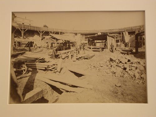 View of Sacré-Coeur construction site, with large trench in foreground, Paris, France