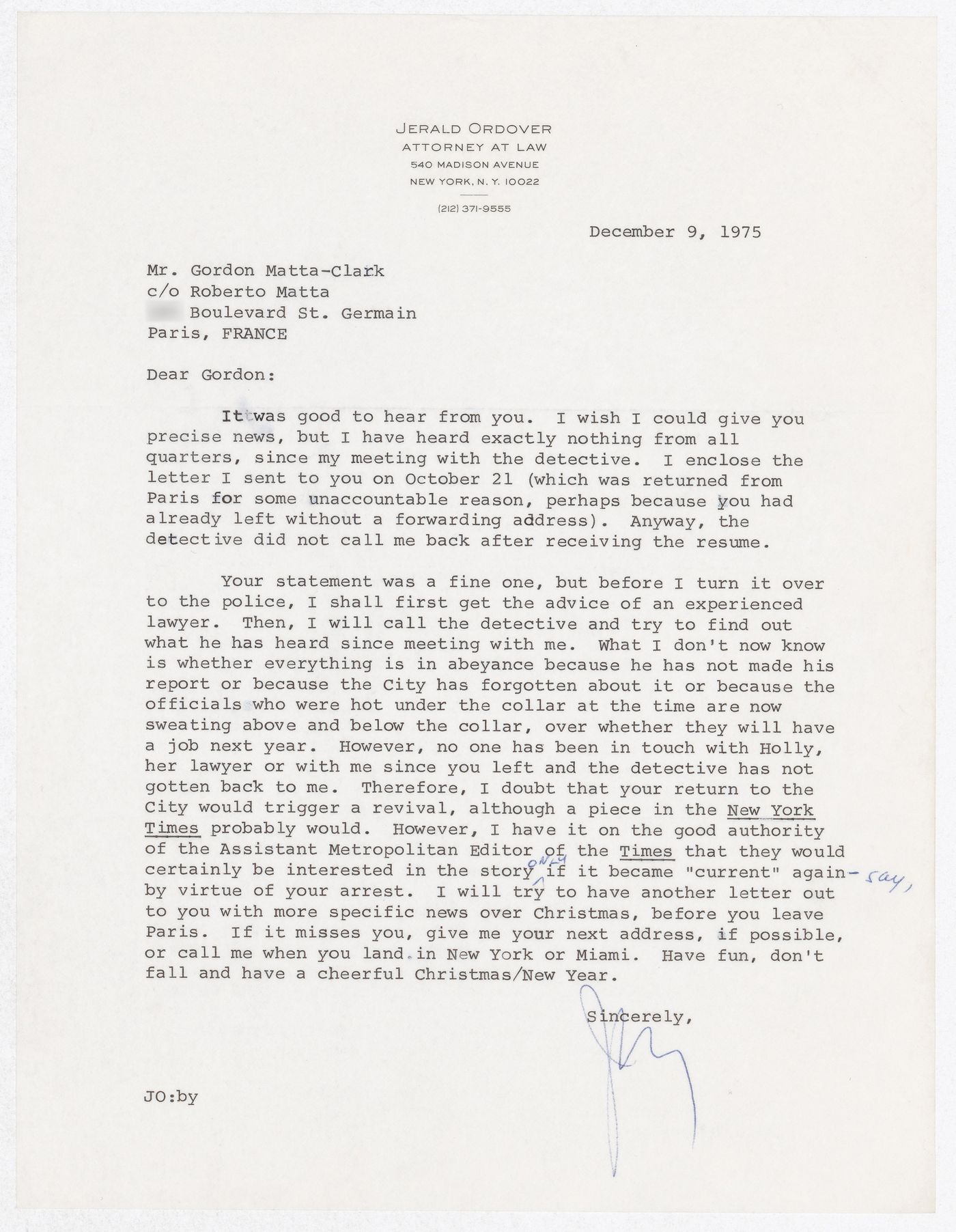 Letter from Jerald Ordover to Gordon Matta-Clark