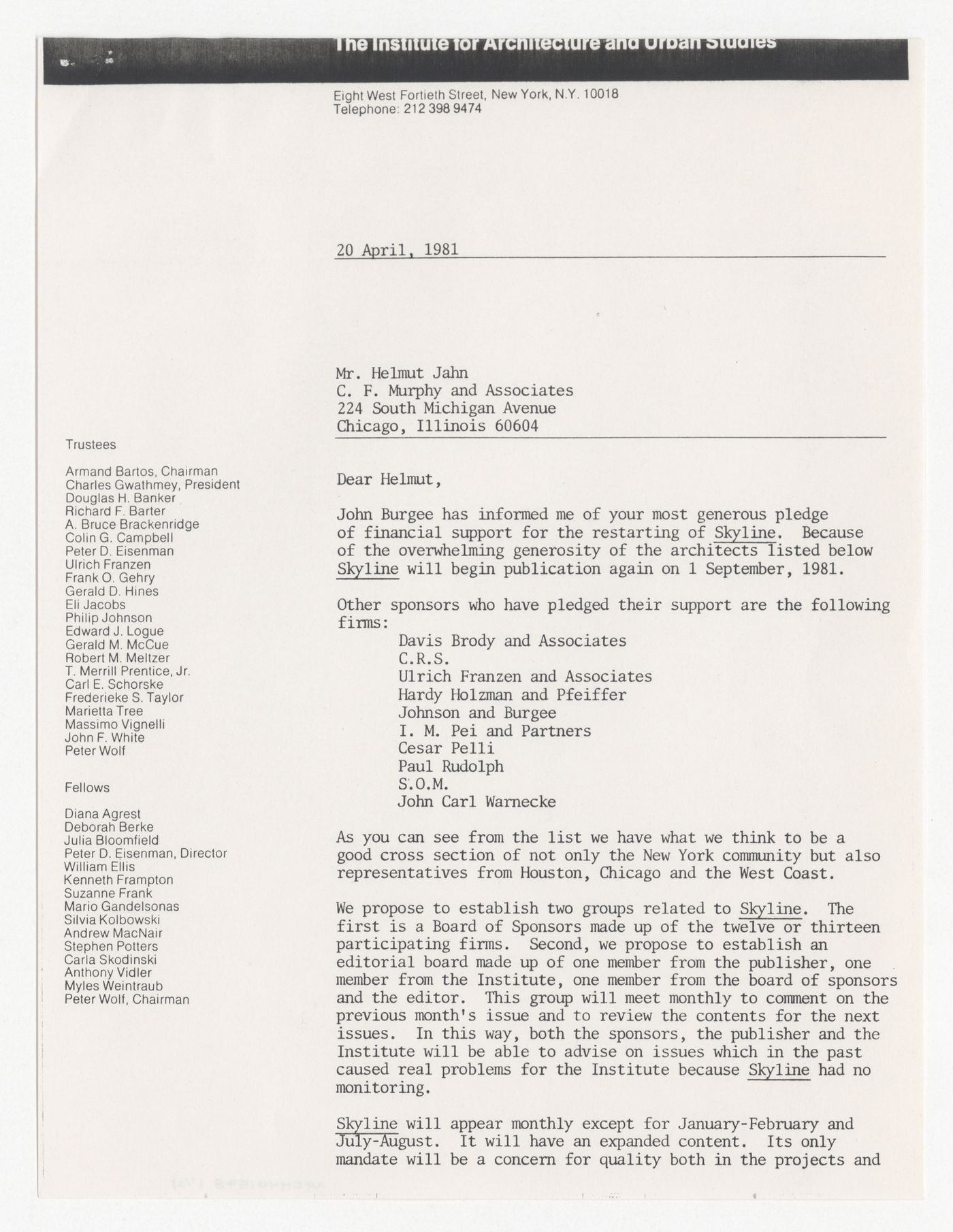 Letter from Peter D. Eisenman to Helmut Jahn about sponsorship for Skyline
