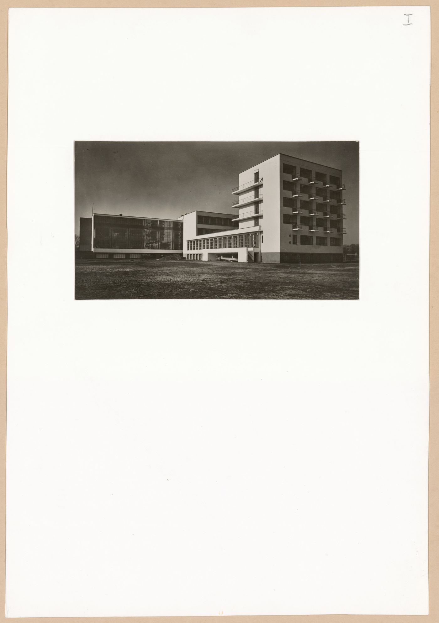 Exterior view of the Bauhaus building showing the studio wing, auditorium, cafeteria and workshop wing, Dessau, Germany