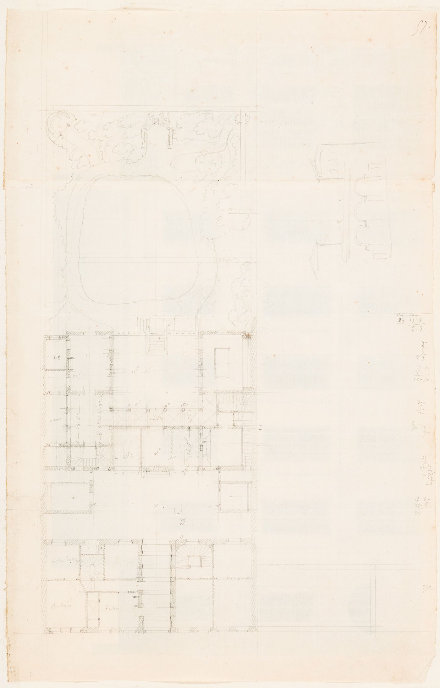 Rohault de Fleury House, 12-14 rue d'Aguesseau, Paris: Ground floor and garden plan and sketch elevation for the house