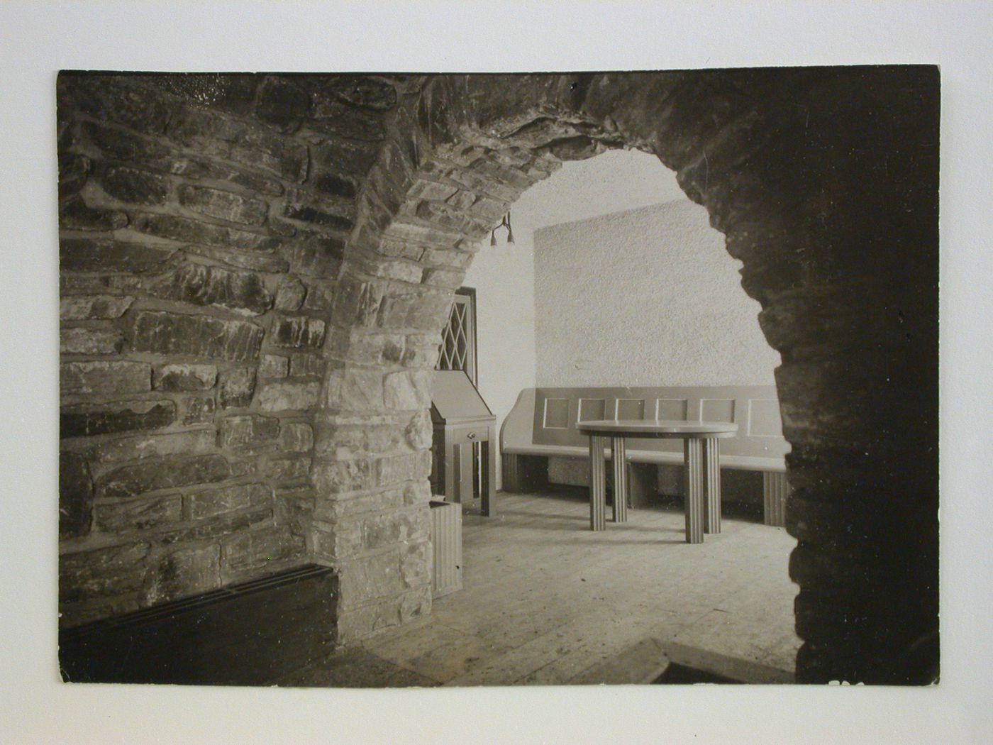 Interior view of a stone corridor and a room of Primavesi Country House, Tess Valley, near Winkelsdorf, Czech Republic