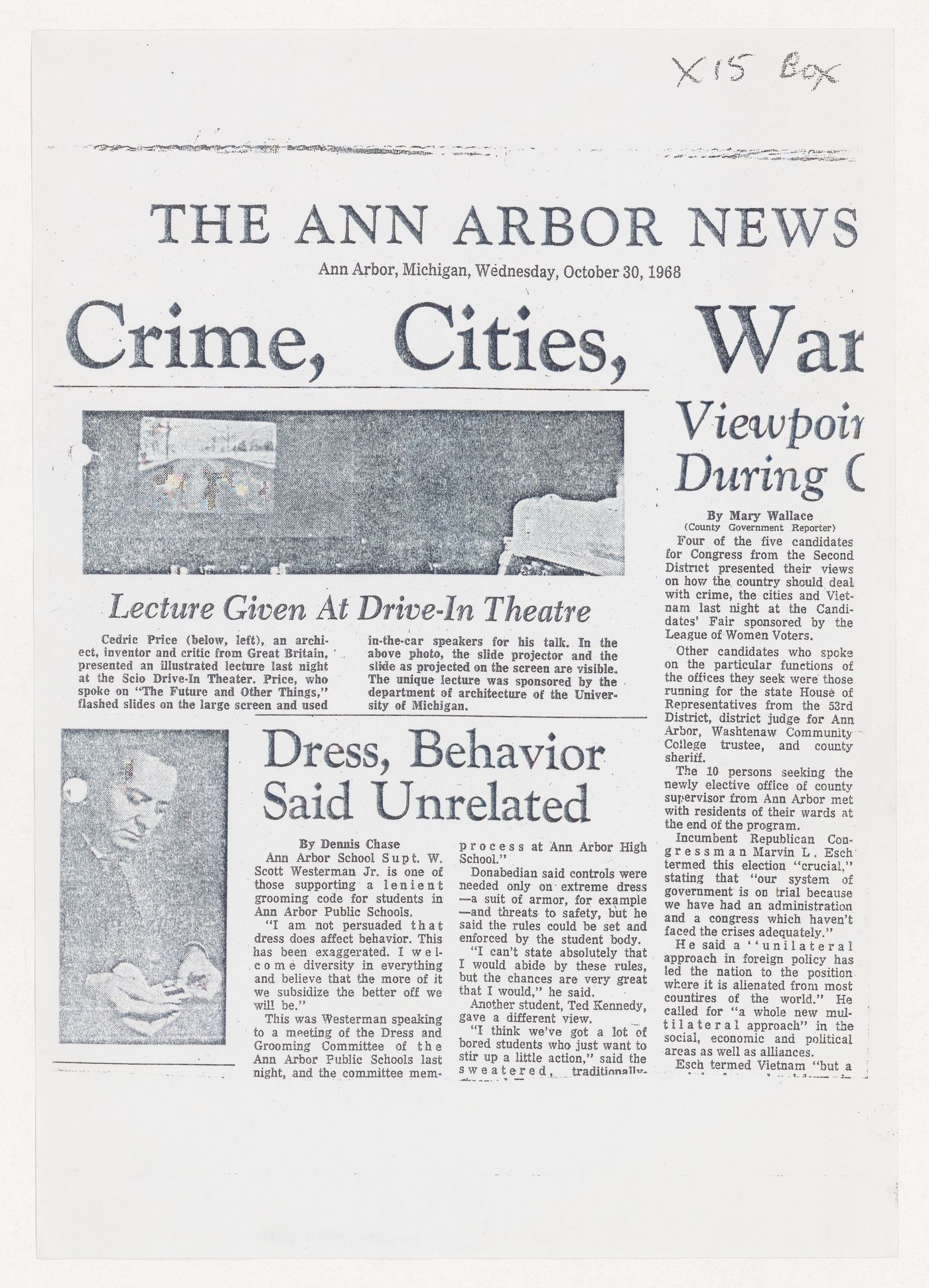 Photocopy of the article "Lecture Given at Drive-In Theatre" from The Ann Arbor News