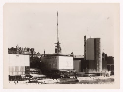 View, of Sweden's, Czechoslovakia's and America's pavilions with the Seine in the foreground, 1937 Exposition internationale, Paris, France