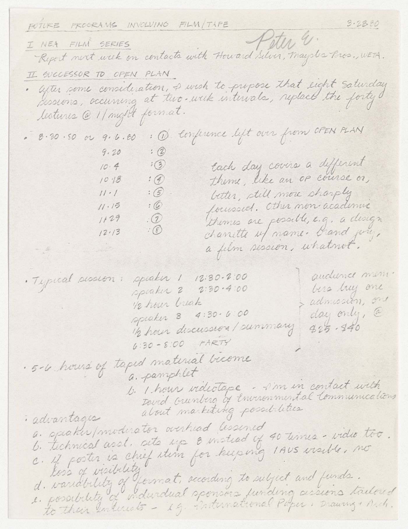 Notes for future programs involving film and tape