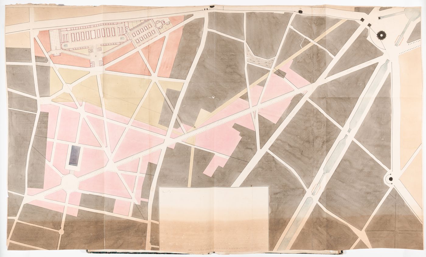 Project for a horse auction house and infirmary, Clos St. Charles, nouveau quartier Poissonnière: Site plan showing the ground floor