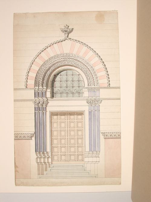 A polychromatic doorway in the style of the 12th or 13th century northern italian Romanesque