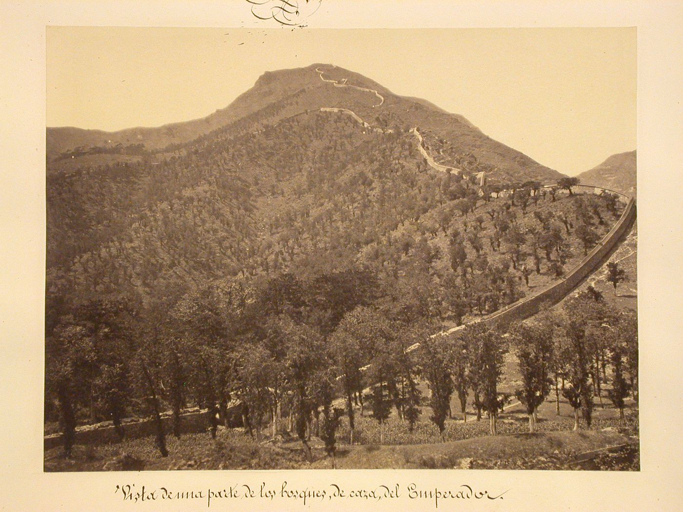 Distant view of the wall surrounding Fragrant Hill Park [Xiangshan Yuan], near Peking (now Beijing), China