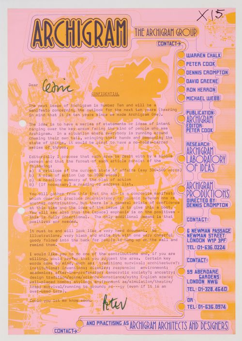 Letter from Peter Cook inviting Cedric Price to contribute to Archigram Ten