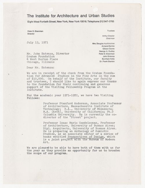 Letter from Peter D. Eisenman to John D. Entenza acknowledging receipt of grant from the Graham Foundation