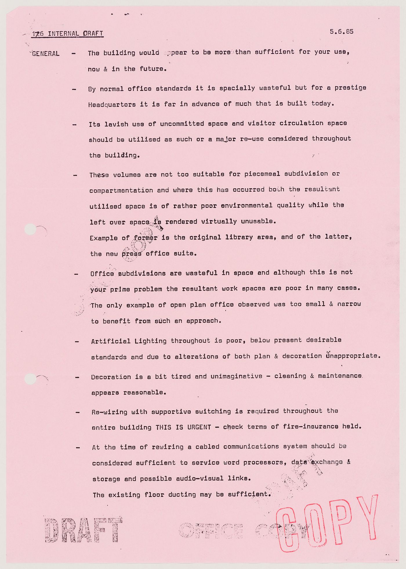 Congress House (28 Great Russell Street, London, England), renovations and addition: internal draft of a document prepared for the client: first sheet