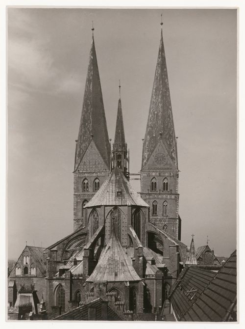 Exterior view of church, looking toward apse, from elevated view point, Lübeck [?], Germany