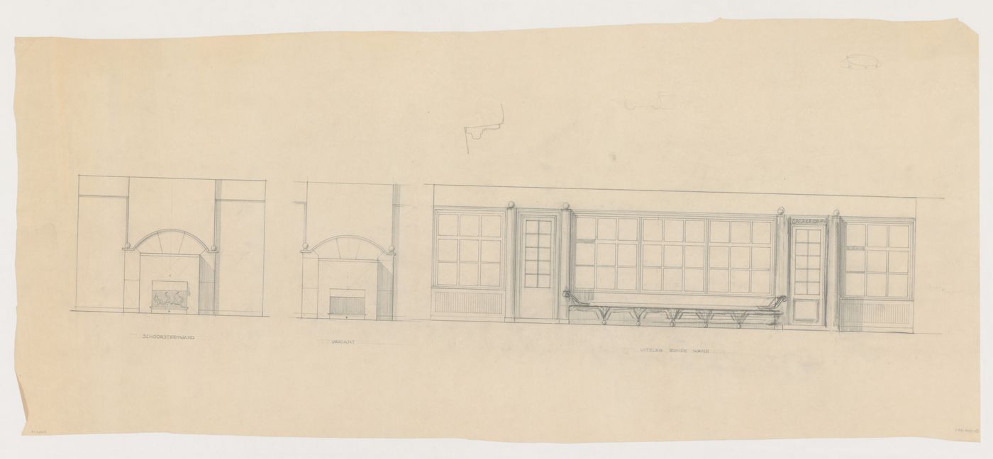 Elevations for a curved living room wall and alternate designs for a fireplace and for Olveh mixed-use development, Rotterdam, Netherlands