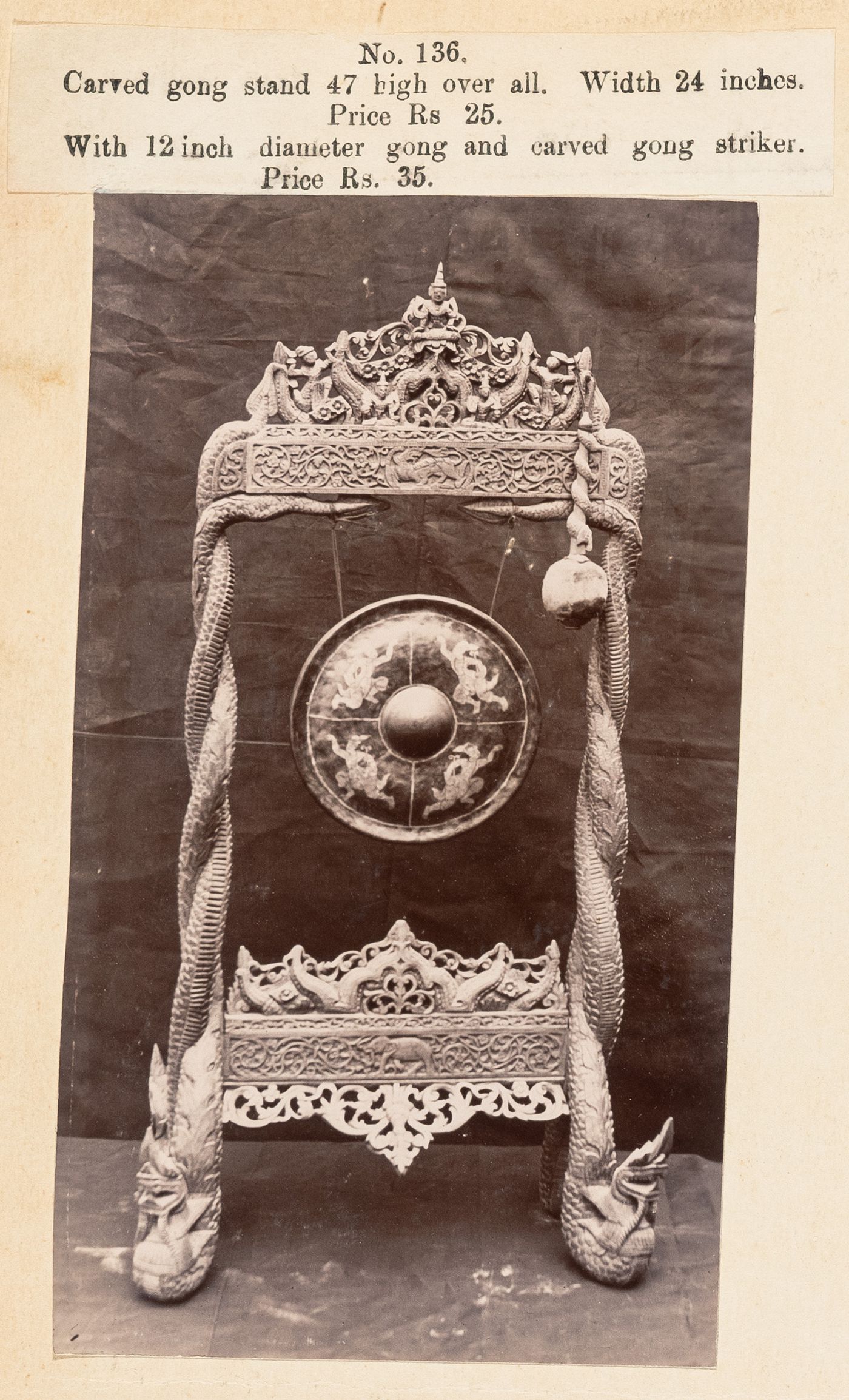 View of a gong, F. Beato Limited, C Road, Mandalay, Burma (now Myanmar)