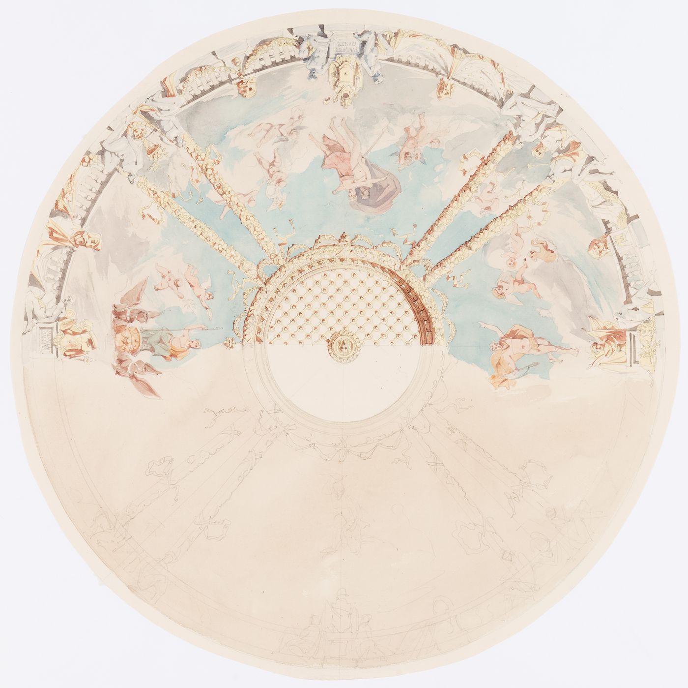 Project for an opera house for the Théâtre impérial de l'opéra: Reflected ceiling plan for the auditorium showing the trompe-l'oeil decoration