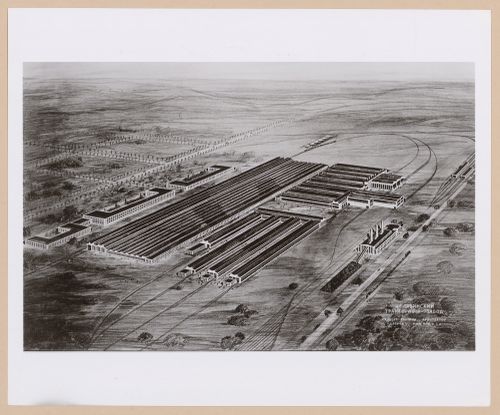 Photograph of a bird's-eye perspective drawing for or of the Soviet Diesel Tractor Assembly Plant, Cheliabinsk, Soviet Union (now in Russia)