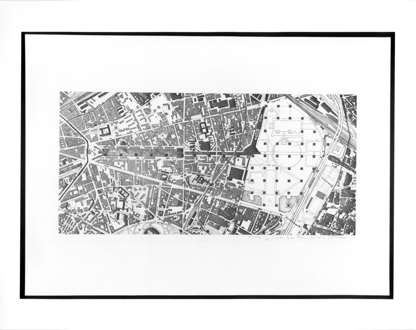Project for a Garden, Parc de la Villette, Paris: Grid of follies superposed on the Parc de La Villette site and the Canal de La Villette