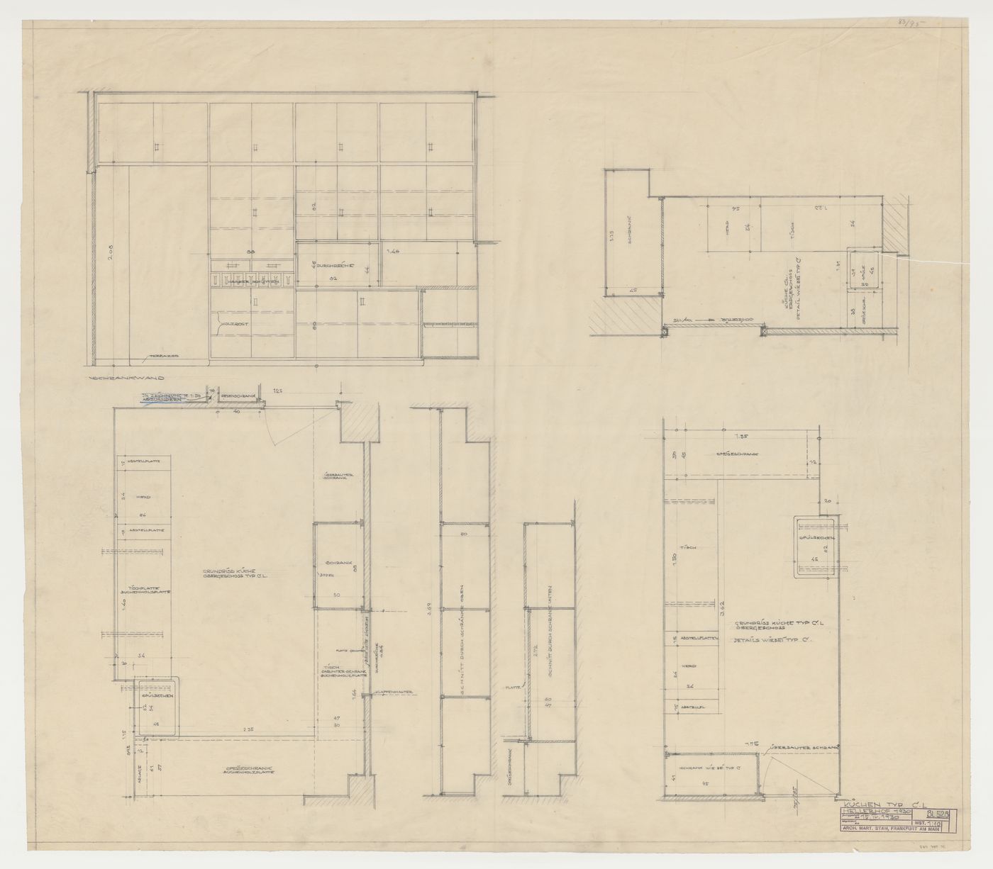 Ground and first floor plans and elevation for kitchens for a type CL housing unit, Hellerhof Housing Estate, Frankfurt am Main, Germany