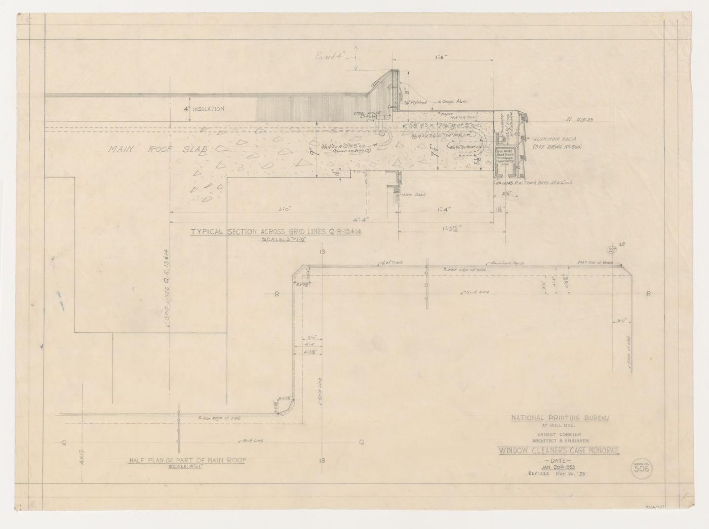 Plan et coupe de la nacelle des laveurs de vitres, Imprimerie Nationale du Canada, Hull, Québec, Canada