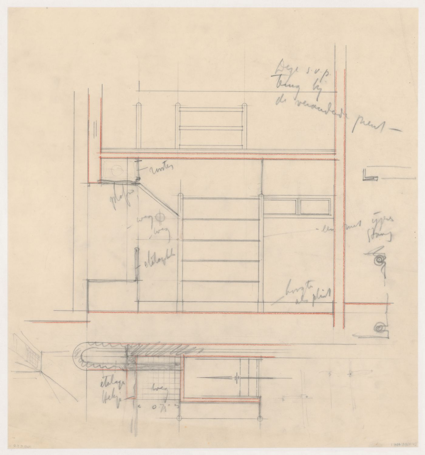 Section and plan for a shop for industrial row houses, Hoek van Holland, Netherlands