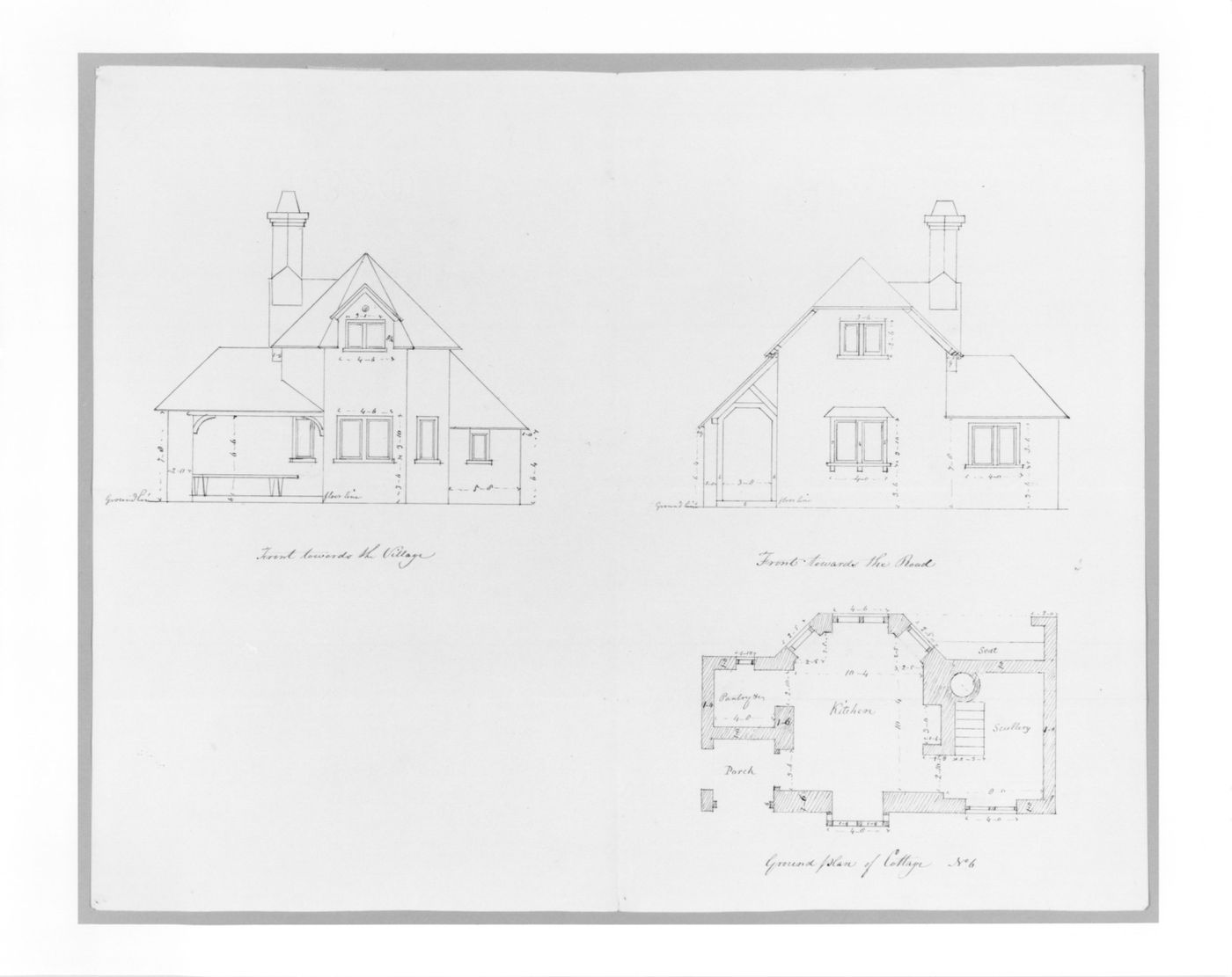 Two elevations and a ground plan for a picturesque cottage