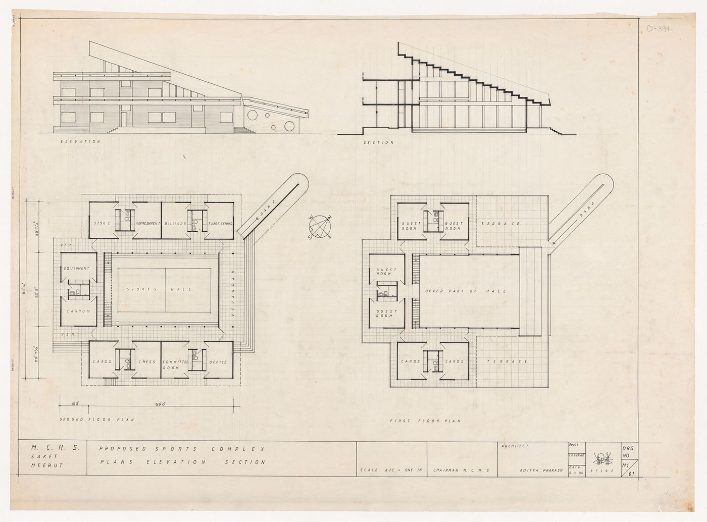 Plans, elevations and section for sports complex at MCHS, Meetrut, India