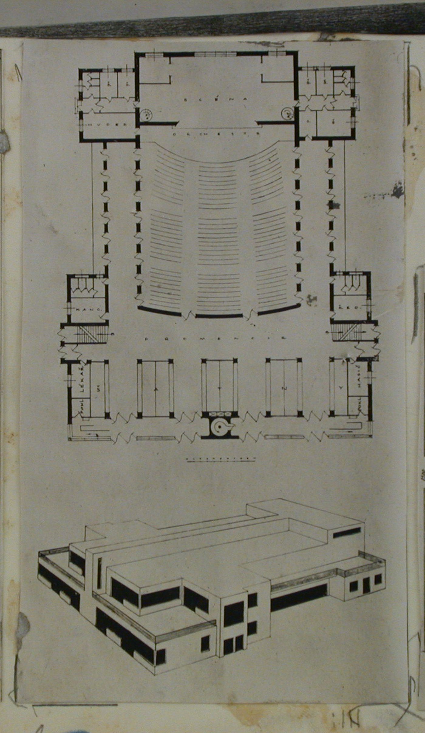View of a plan and elevations drawings for a cinema, Czechoslovakia (now Czech Republic)