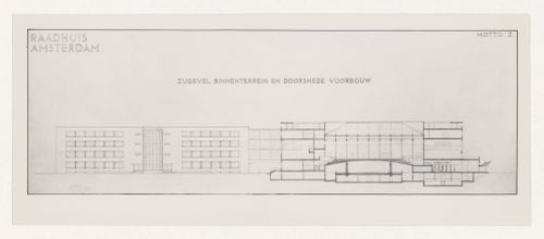 Photograph of an elevation and a section for J.J.P. Oud's competition entry for Amsterdam City Hall, Netherlands