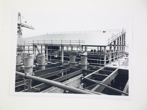 View of installation of roof panels for power station, United Kingdom