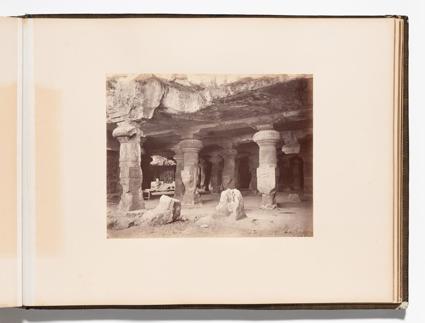 Interior view of the Main Shrine with the façade of the Eastern Shrine in the left background, Cave No. 1 (also known as the Mahadeva Temple, the Shiva Cave and the Great Cave), Elephanta Caves, Elephanta Island, India