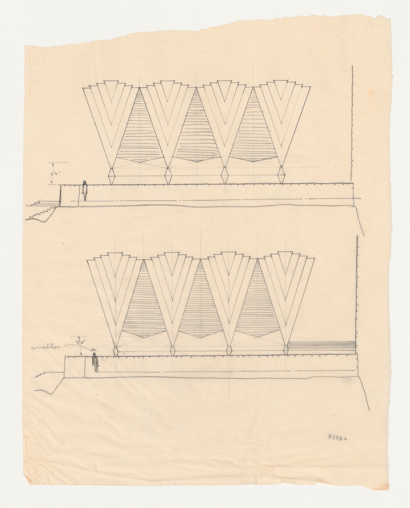 Two alternate elevations for a chapel roof canopy based on the Wayfarers' Chapel design