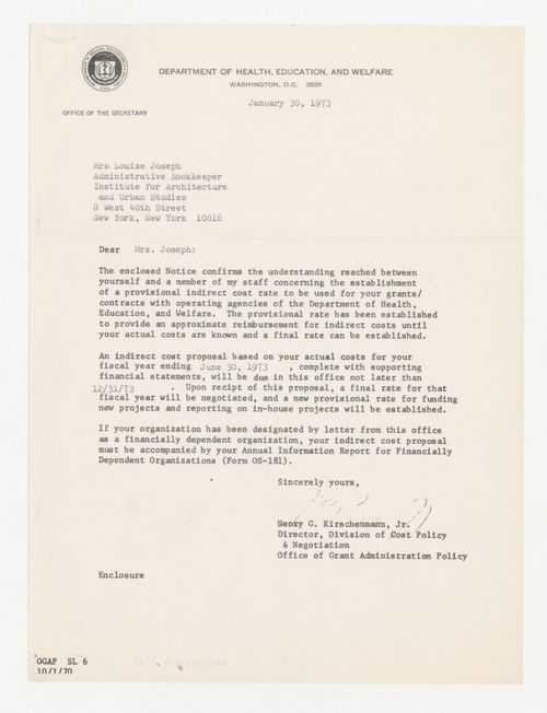 Letter from Henry G. Kirschenmann Jr. to Louise Joseph about funding for Program in Generative Design from the National Institute of Mental Health (NIMH) / Department of Health, Education, and Welfare with attached notice of provisional indirect cost rate