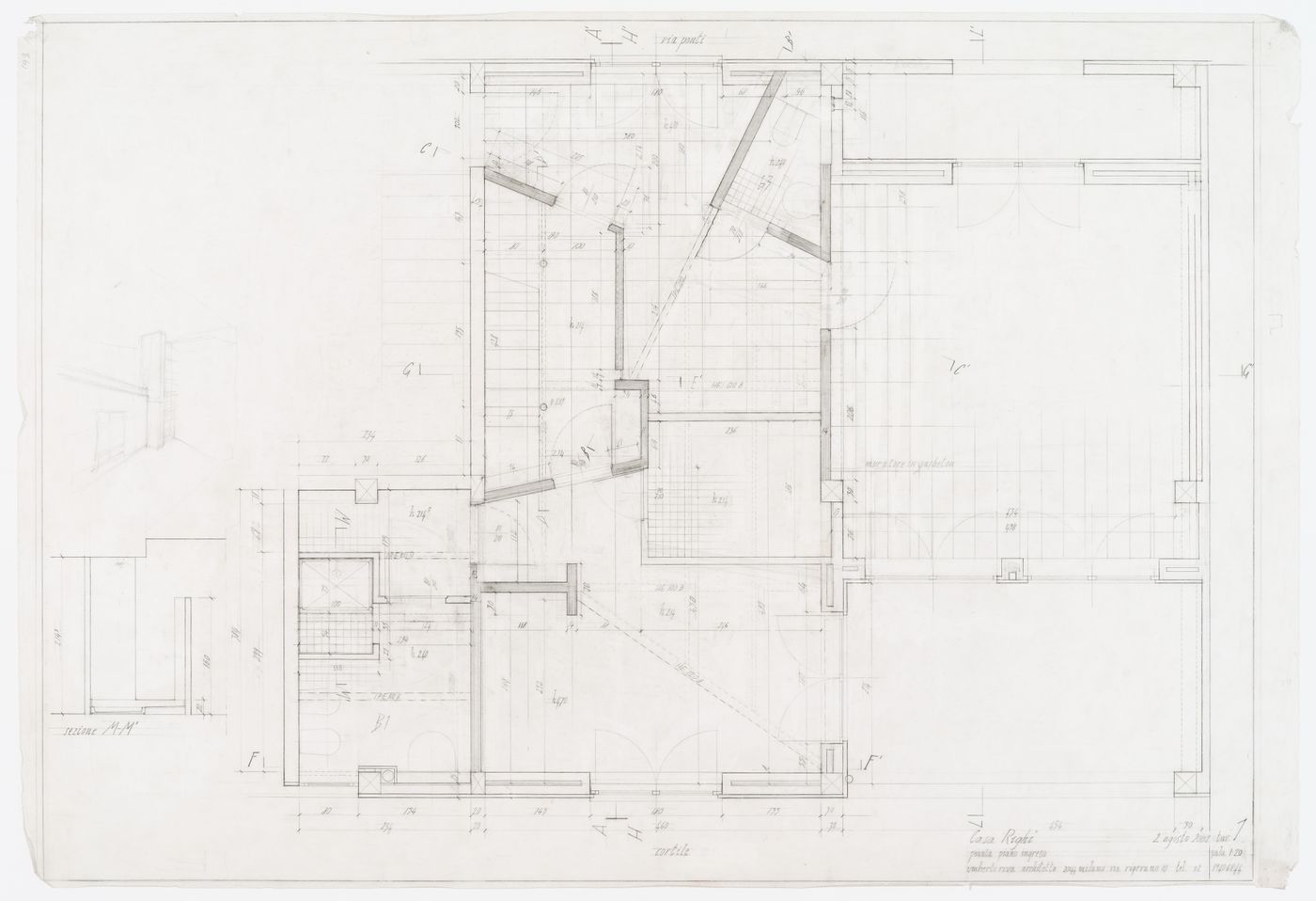 Floor plan, first floor, entrance and studio for Casa Righi, Milan, Italy