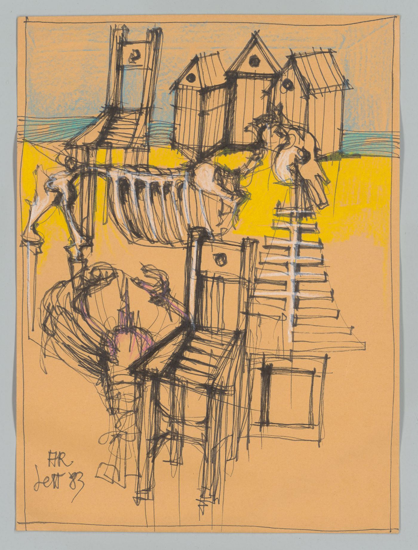 Untitled composition with chairs, lobster, horse skeleton and armoires