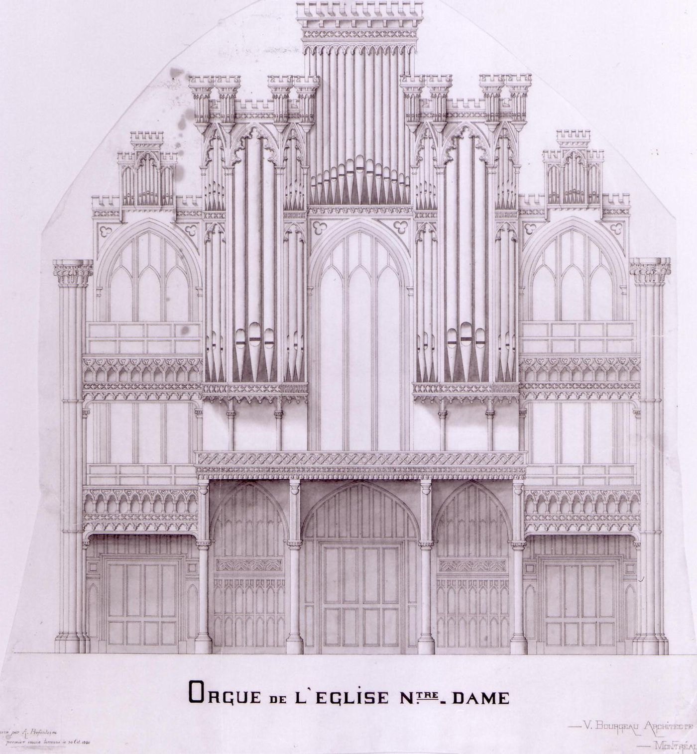 Elevation for the main entrance doors and organ pipes for the interior design by Bourgeau et Leprohon for Notre-Dame de Montréal