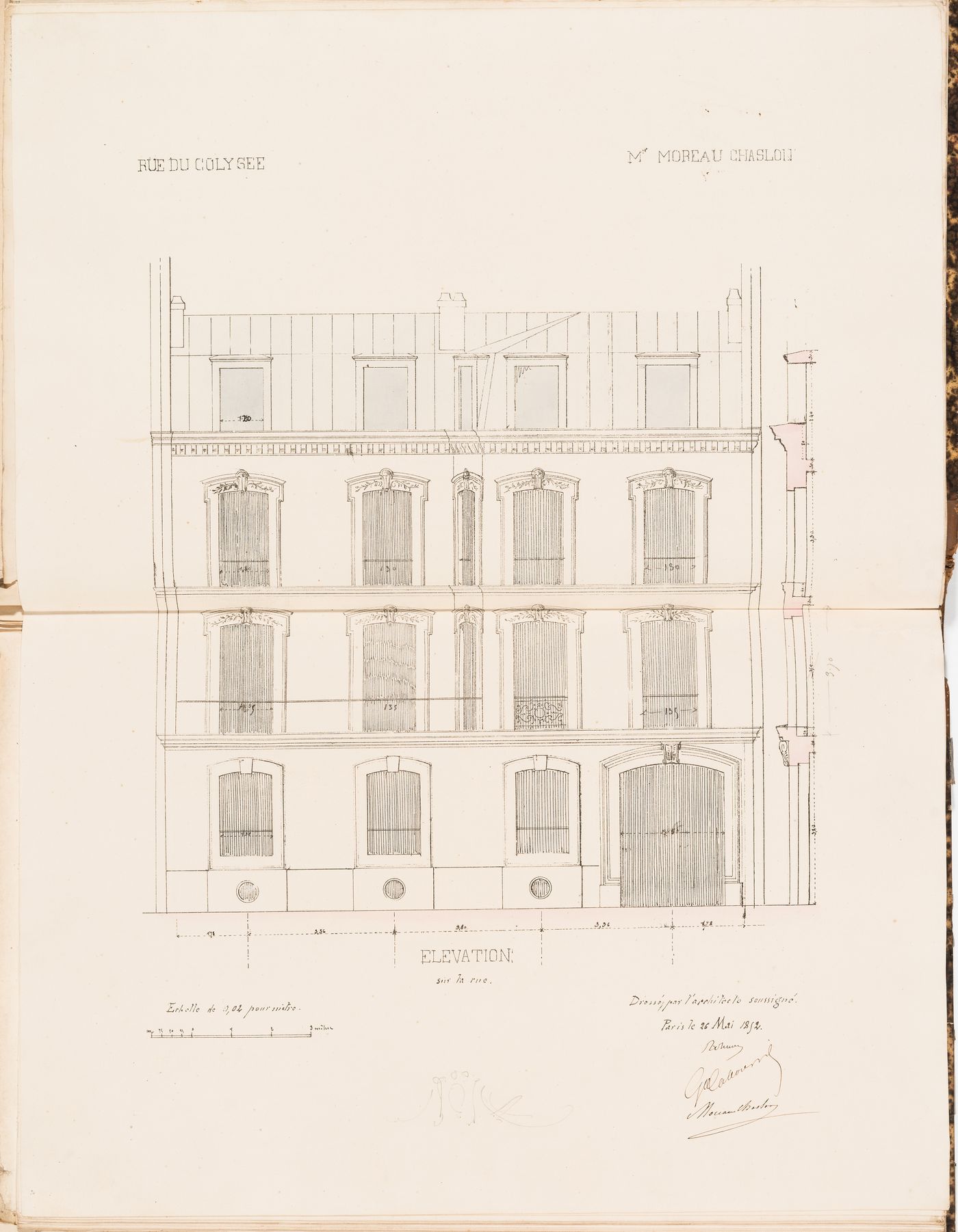 Contract drawing for a house for Monsieur Moreau Chaslon, rue du Colysée, Paris: Elevation for the principal façade with a partial section