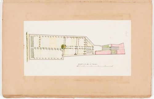 Elevation, site plan showing the ground floor, and plans for the "caves" and first floor for a country house and garden; verso: Plan of a country house garden