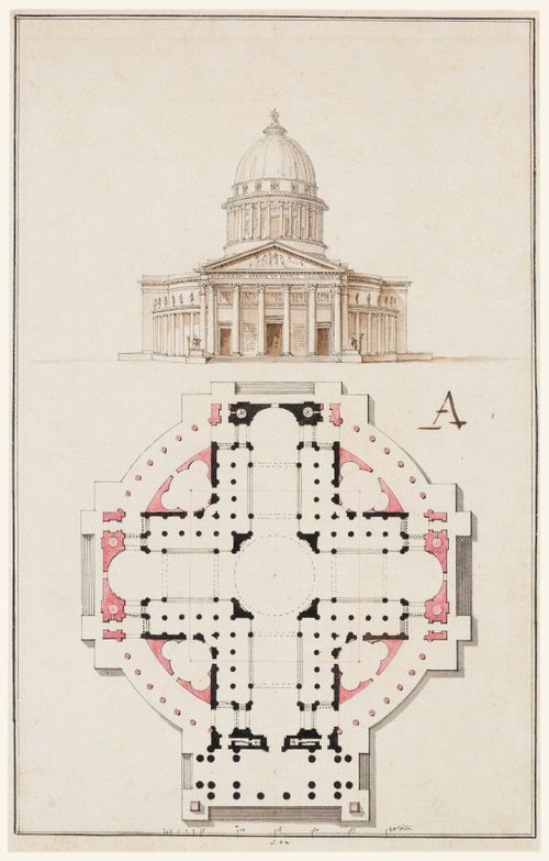 Église Sainte-Geneviève : Perspective et plan montrant les transformations proposées / Perspective and plan showing proposed alterations