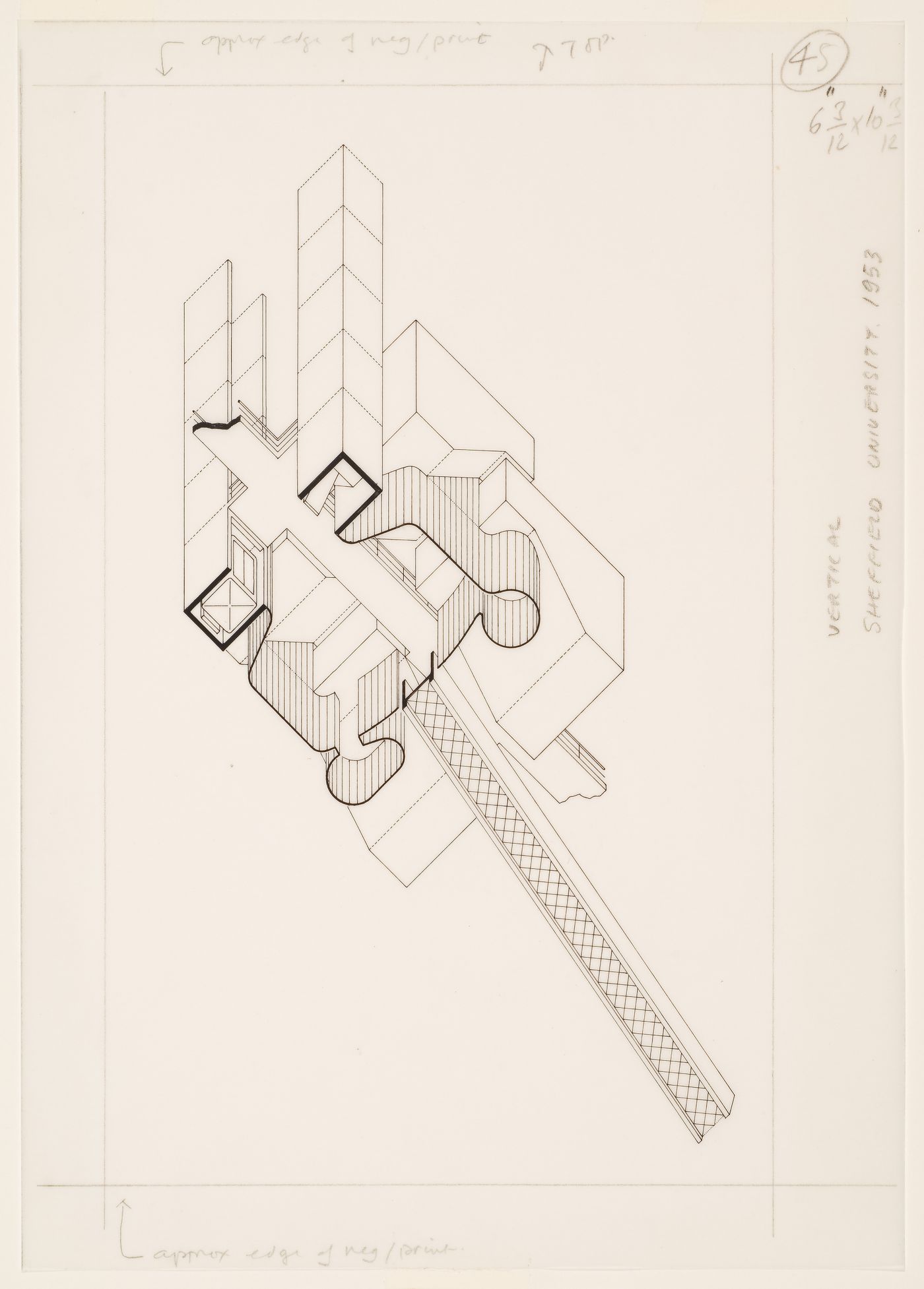 Worm's eye axonometric for the main entrance foyer of the arts and administration building, Sheffield University, Sheffield, England