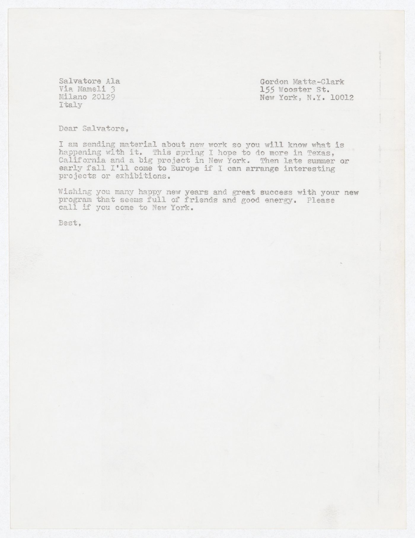 Letter from Gordon Matta-Clark to Salvatore Ala