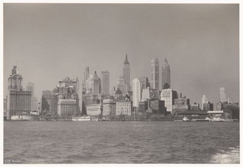 Aerial view of Manhattan showing the Chrysler Building and other skyscrapers and the East River, New York City, New York