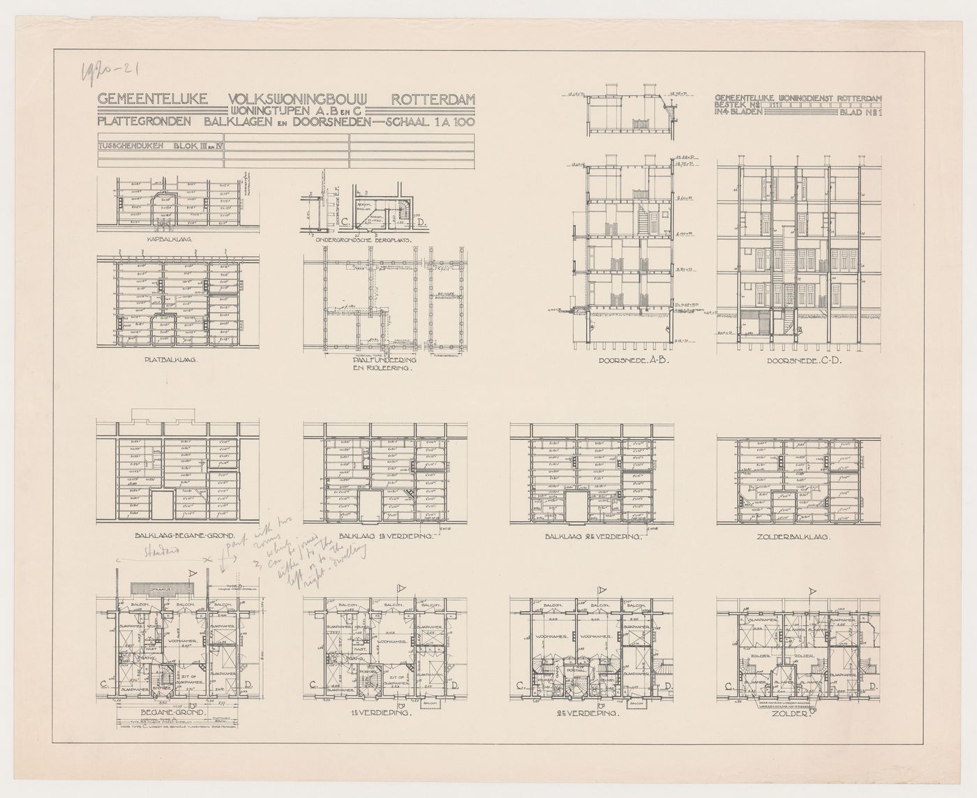 Floor, framing and piling plans and sections for Blocks 3 and 4, Tusschendijken Housing Estate, Rotterdam, Netherlands